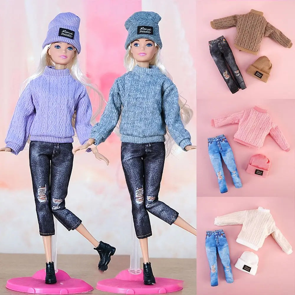 Doll Casual Clothes Hats Winter Wear Sweaters Pants Handmade Girl Doll Wearing Set For 1/6 Doll Clothes Accessories DIY Gift