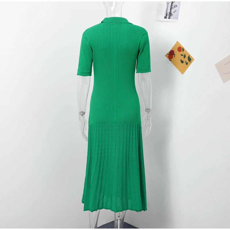 Knitted Women Long Dresses Hollow Out Short Sleeved Women Split Dress O-neck Single Breasted Female Solid Elegant Ladies Robe