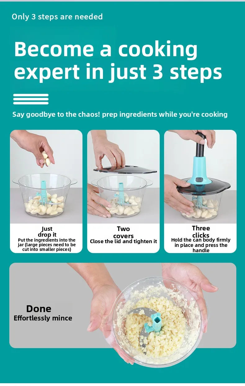 Handheld Vegetable Chopper Multifunction Kitchen Tool for Garlic Ginger Mincing Dicing Slicing with Large Capacity Container