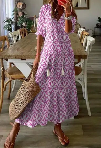 Loose V-neck printed hanging whisker mid sleeve long dress