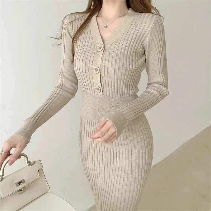Autumn Winter Sweater Dress For Women 2024 New Arrivals Buttons Up V Neck High Waist Long Knitted Dress Korean Maxi Dresses
