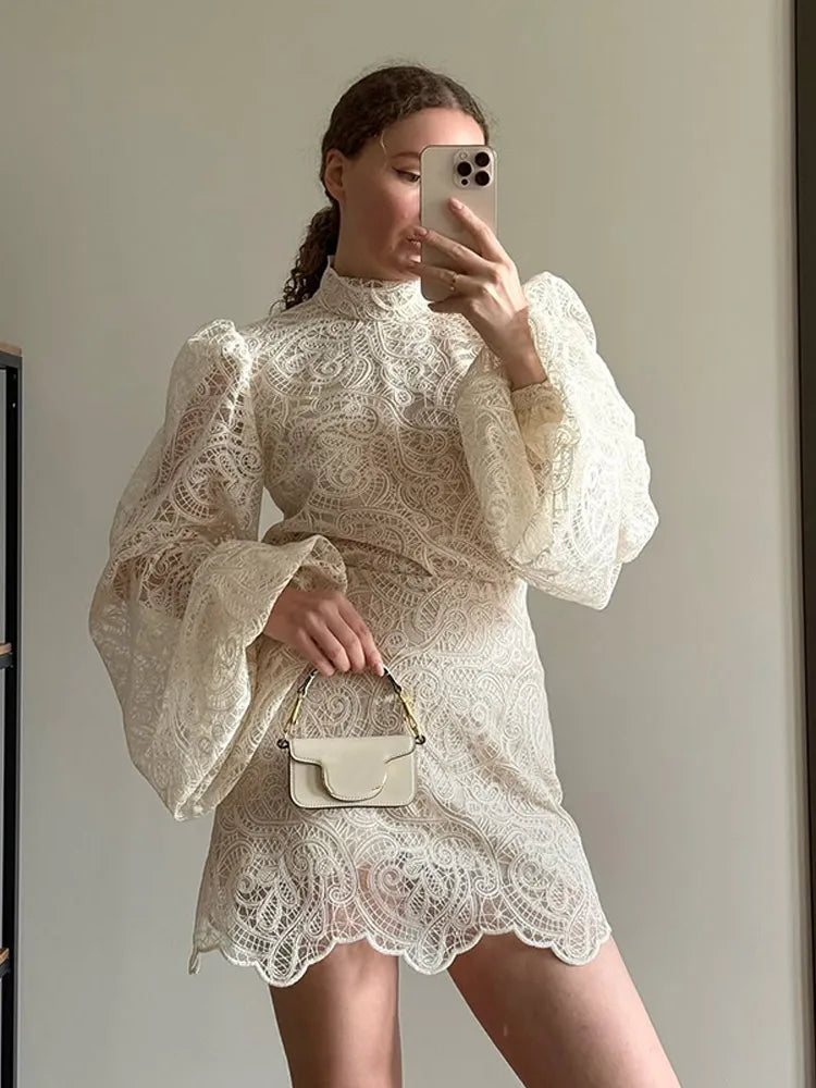 White Lace Dresses Elegant Solid Flared Sleeve High Neck Slim Pleat Mini Women Dress 2026 New Fashion Club Evening  Party Robes