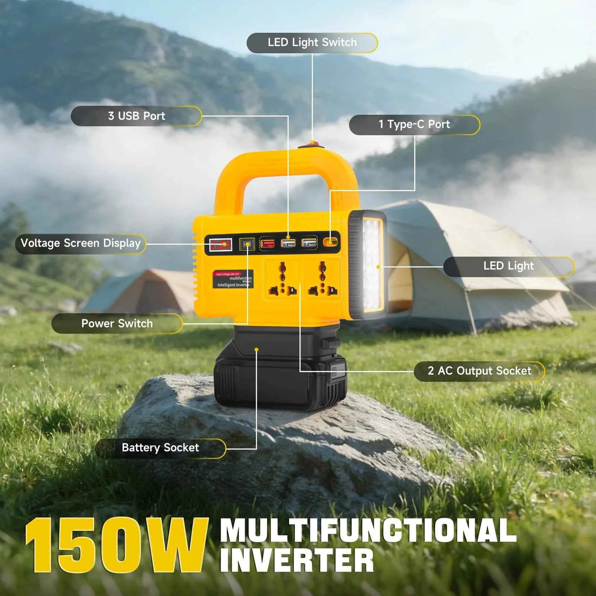 150W Power Inverter for Dewalt 20V Batteries – AC & USB