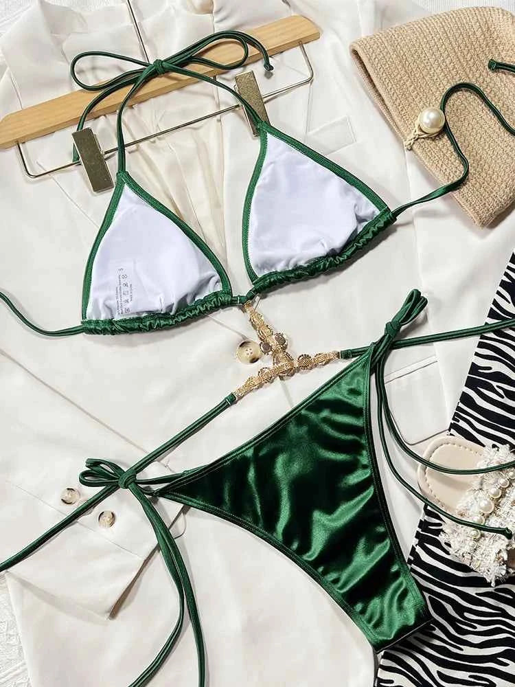 Extreme Mini Micro String Diamond Bikini Women Thong Swimwear Female Swimsuit Two Pieces Bikini Set Halter Bathing Suit Swim