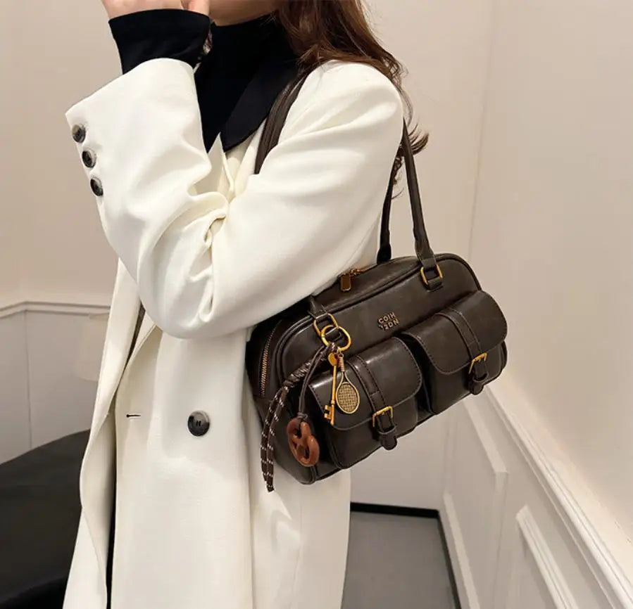 Women Multi Pocket Shoulder Tote Bag with Golden-Tone Hardware & Letter, Stylish Handbag Purse for Travel, Work, Shopping, Dates