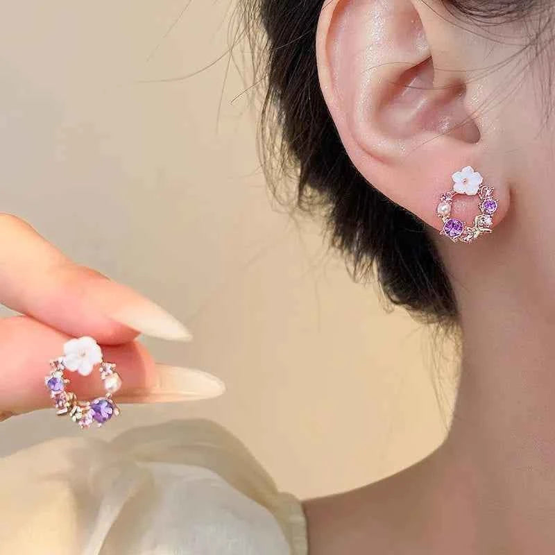 Colorful Flower Earrings Imitation Pearl Geometric Stud Earrings For Women Sweet Elegant Earrings For Party Banquet Jewelry Gift