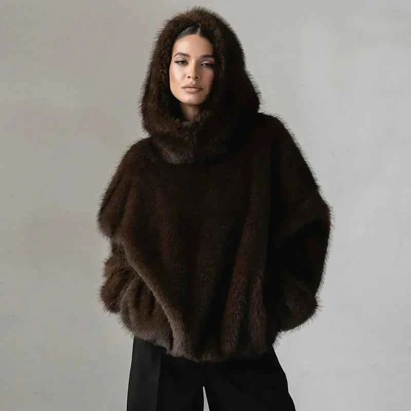 Women Solid Faux Fur Hooded Pullover Casual Full Sleeve Warm Loose Thick Tops Lady New Daily Chic Elegant Winter Outwear 2025
