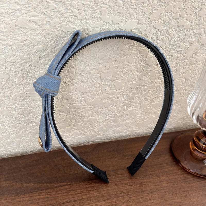 Elegant Denim Blue Bow Hairband with Tooth Retro Headband for Women Girls Hair Bands Hair Accessories