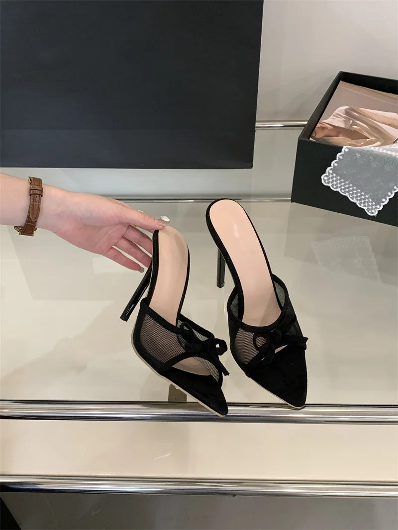 Liyke Street Fashion Bowknot Mesh Women Slippers Sandals Sexy Pointed Open Toe Black High Heels Mules Slides Party Banquet Shoes