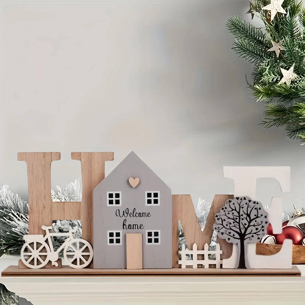 Wooden HOME Ornament with Cute House Bicycle & Tree Elements Creative Wooden Craft Decor For Living Room Bedroom Entryway
