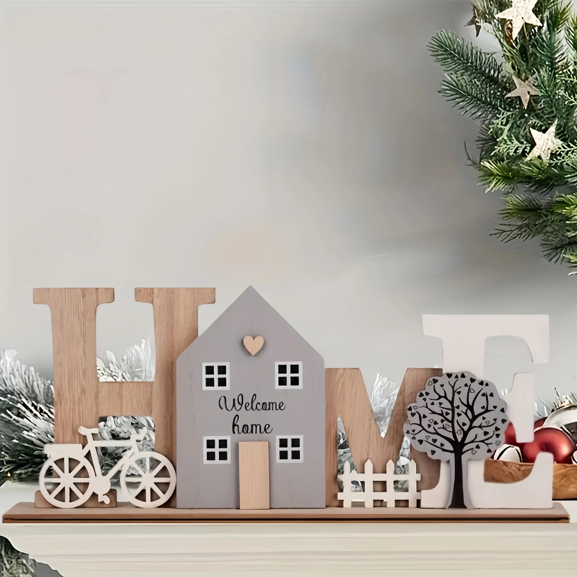 Wooden HOME Ornament with Cute House Bicycle & Tree Elements Creative Wooden Craft Decor For Living Room Bedroom Entryway