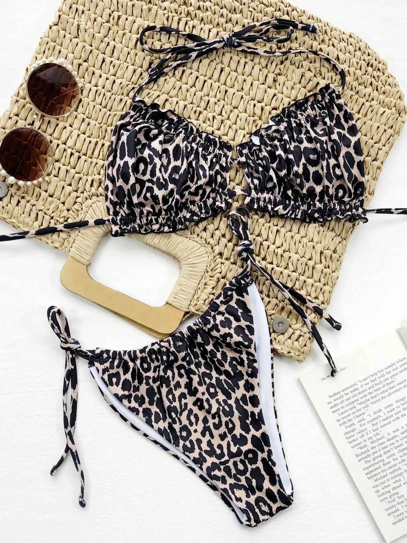 Women's 2 Pieces Swimsuit Sexy Halter Backless Swimwear Ruffle Trim Bikini Set High Waist Push Up Thong Bathing Suit Beachwear