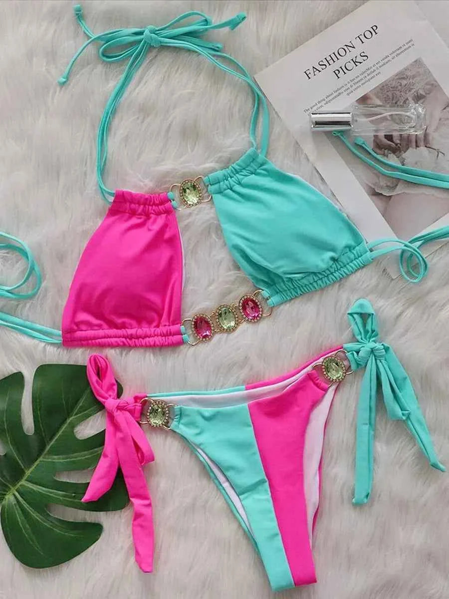 2026 Splicing Halter Diamond Bikini Women Swimsuit Female Swimwear Two Pieces Bikini Set Hollow Out Bathing Suit Swim Beach Wear