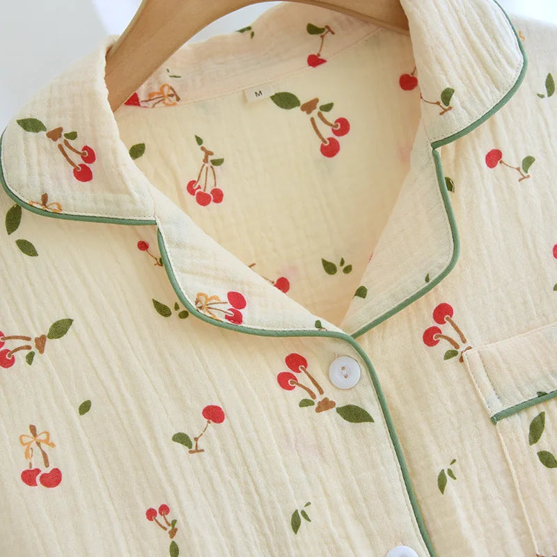 2024 New Summer Autumn Women Pajamas 100% Cotton Gauze Cherry Print Sleepwear Female 2 Piece Set Nightwear Pyjamas Loungewear