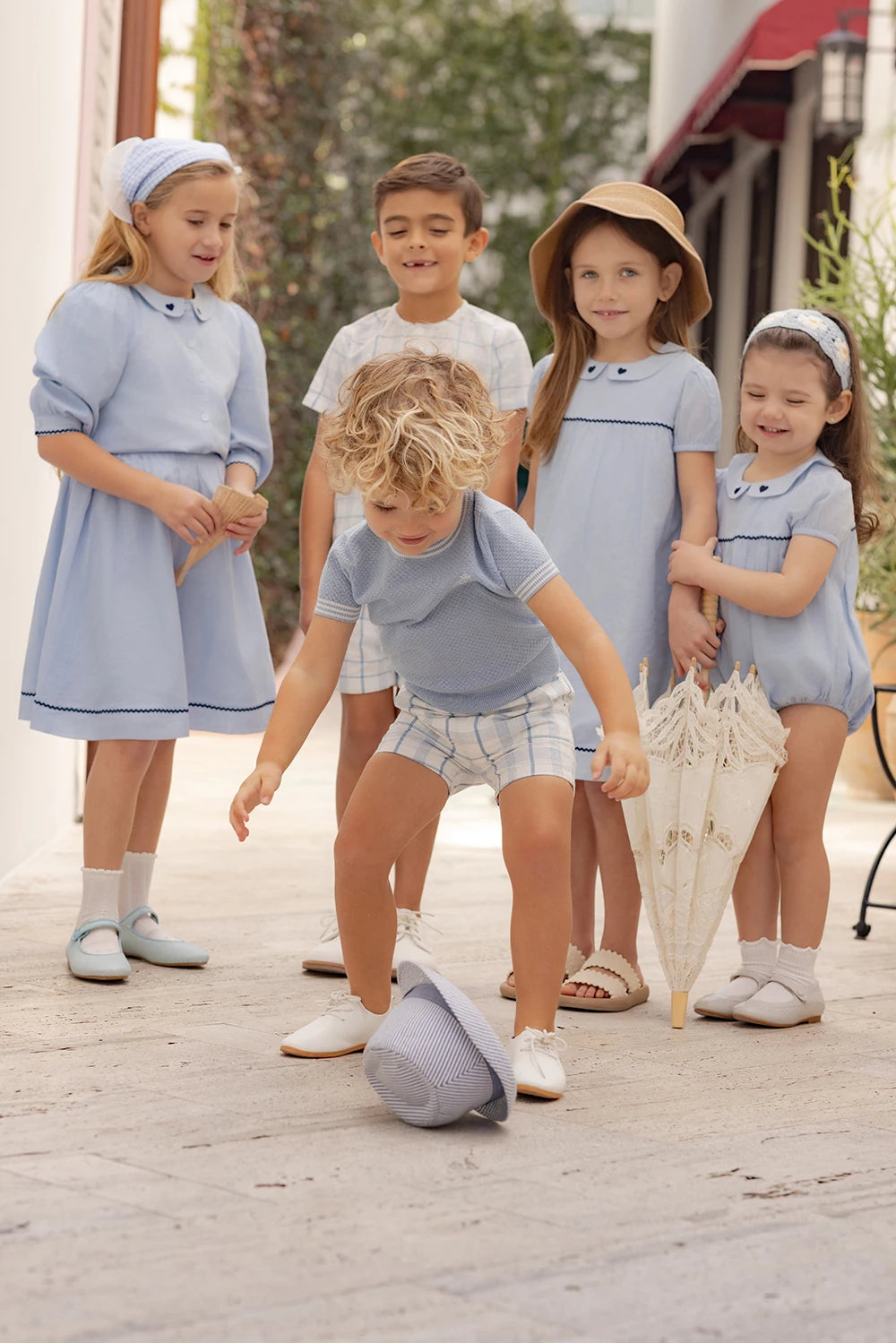 AP Barcelona Blue Collection Girls Dress Embroidery Brothers Sisters Family Matching Clothing Boys Plaid Set Knit Top