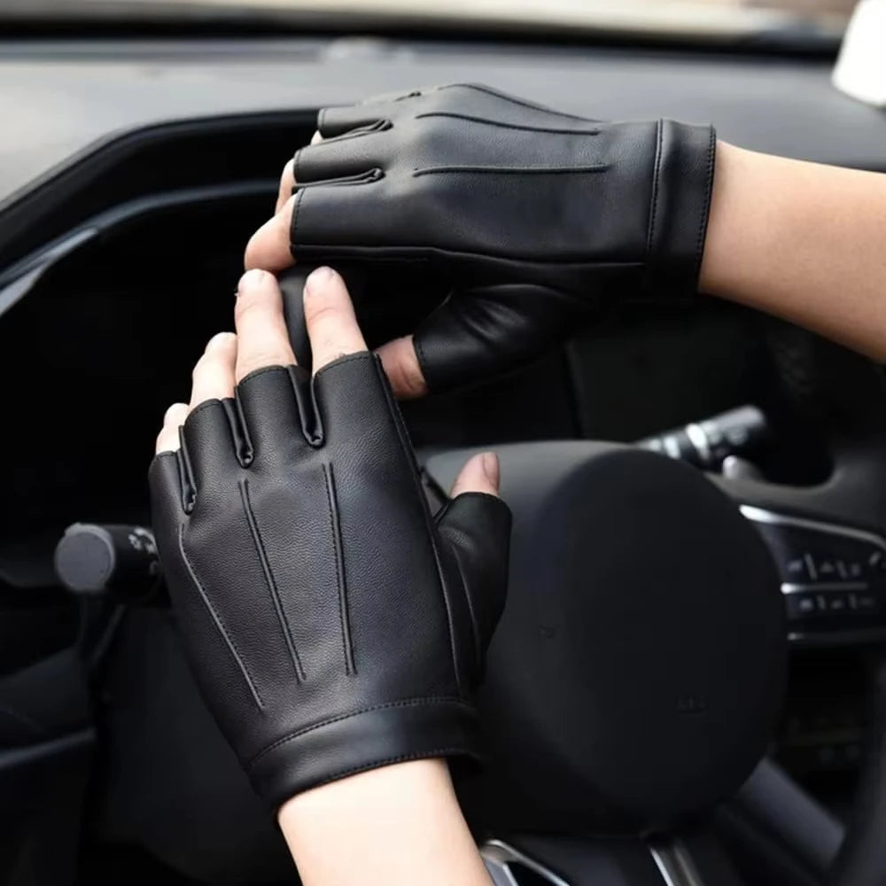 Men Women PU Leather Gloves Lovers Fingerless Mittens Black Half Finger Outdoor Tactical Mens Leather Driving Gloves