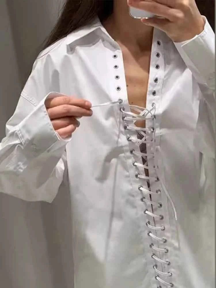 Fashion Lapel Long Sleeve Shirts & Blouses For Women Autumn Weave Drawstring Blouse Lady Holiday Street Chic Tops Ropa De Mujer