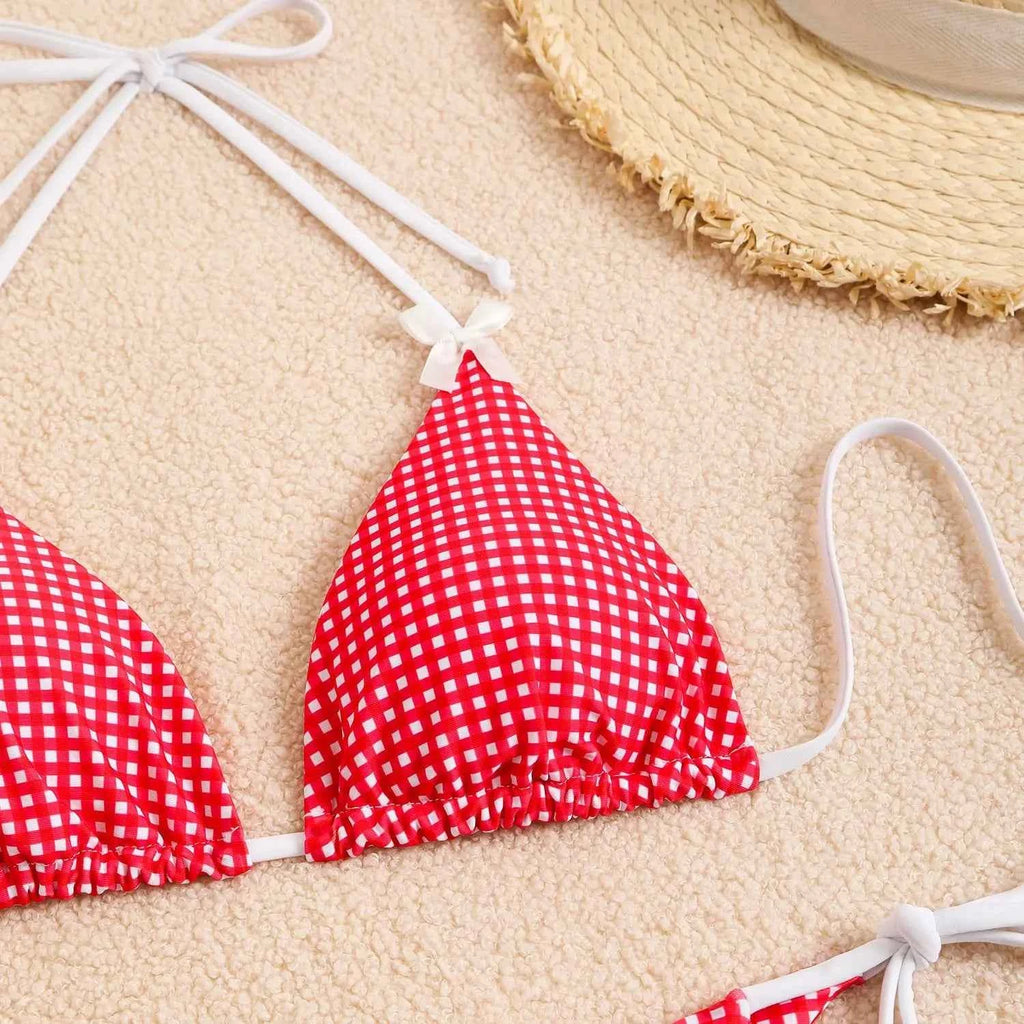 Circyy 2026 Bathing Suit Women Plaid Dot Split Swimsuit Neck-mounted Bow Tie Beachwear Vintage Simple Two-piece Bikinis Summer