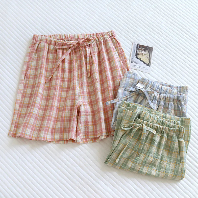 Summer Thin Loose Fit Women's Home Shorts Cotton Plaid Design Multi Colors Sleepwear Beach and Casual Wear Short Pants