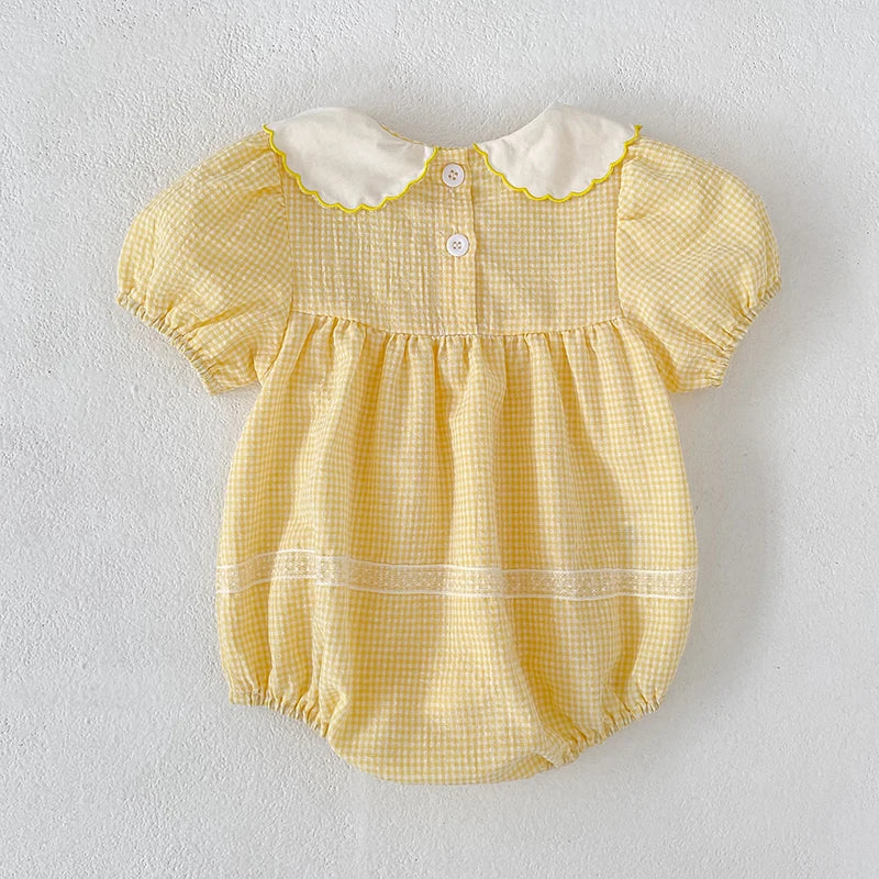 2026 Summer Baby Girl Embroidered Collar Bodysuits 0-24M Baby Girl Romper Newborn Short Sleeved Baby Girl Yellow Jumpsuit
