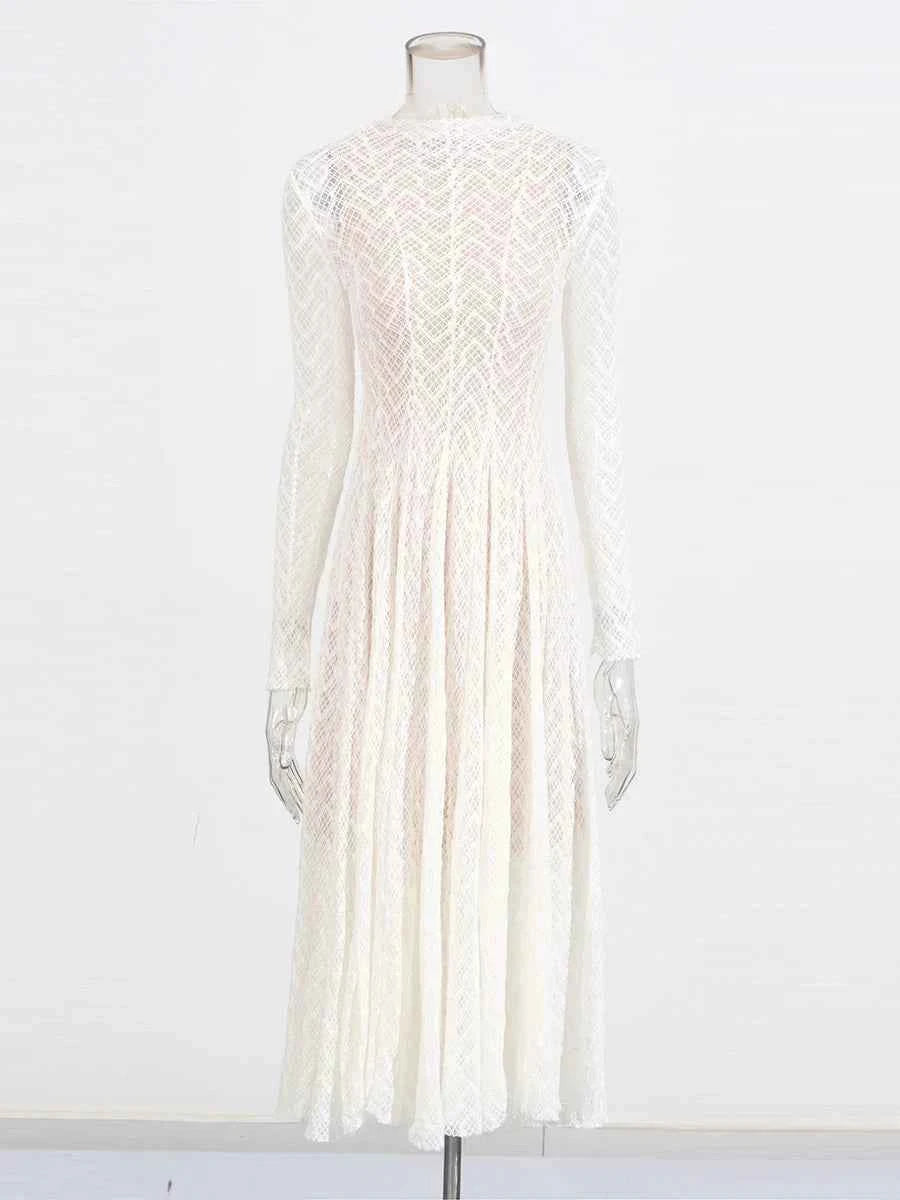 TWOTWINSTYLE Solid Slimming Spliced Ruffles Dresses for Women Round Neck Long Sleeves Patchwork Hollow Out Dress Female Clothing