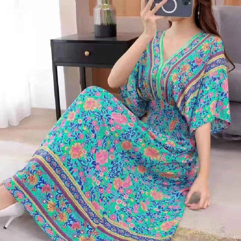 Colorful Flower V-neck Elastic Youthful Bohemian Sweet Midi Dress Woman Clothes Chic Fashion Summer Dresses 2025 Large Swing Ski