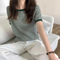 Striped Short Sleeve T-shirt Women's Summer New Korean Version Loose Retro Contrast Slim Round Neck Top Women's Fashion Casual