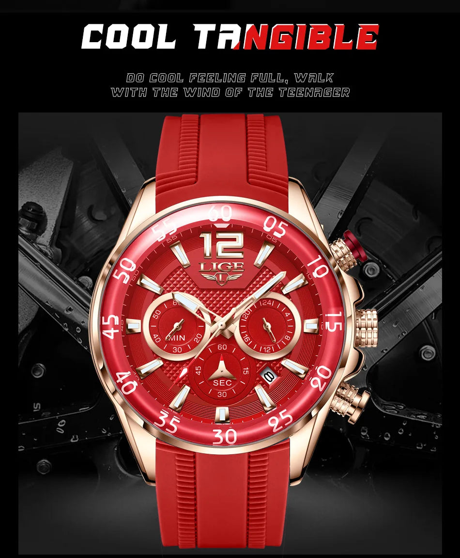LIGE New Fashion Mens Watches Top Brand Luxury Quartz Wrist Watch Man Sport Red Silicone Watch for Men Reloj Hombre Chronograph