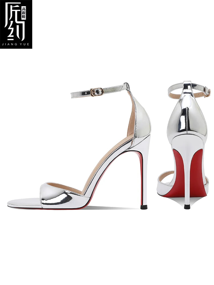 2025 Summer New Silver High Heels Women's Fine Heels Beautiful Princess Style One Button Sandals with Skirts