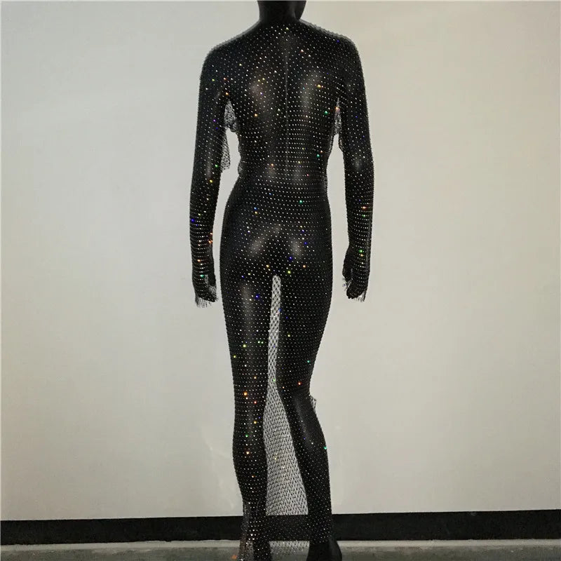Y2K Sexy Shiny Rhinestones Grid Fishnet Dress Long Sleeve Hollow Out Side Slit Dress Beach Cover Up Breathable Lady Vestidos