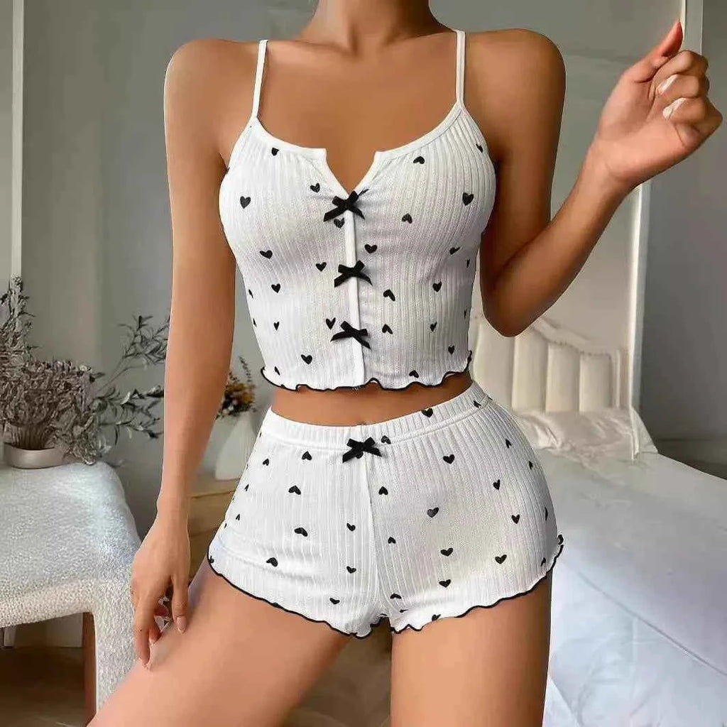 Women's Cute Pajama Set Heart Print Lettuce Trim Bow Front Cami Top and Shorts Pj Set Soft Sleepwear