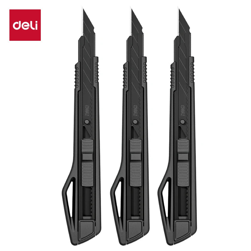 Deli Heavy Duty Utility Knife Sharp Black SK5 Carbon Steel Blades 9mm/18mm/Auto-Retractable Box Cutter for Cardboard Cartons