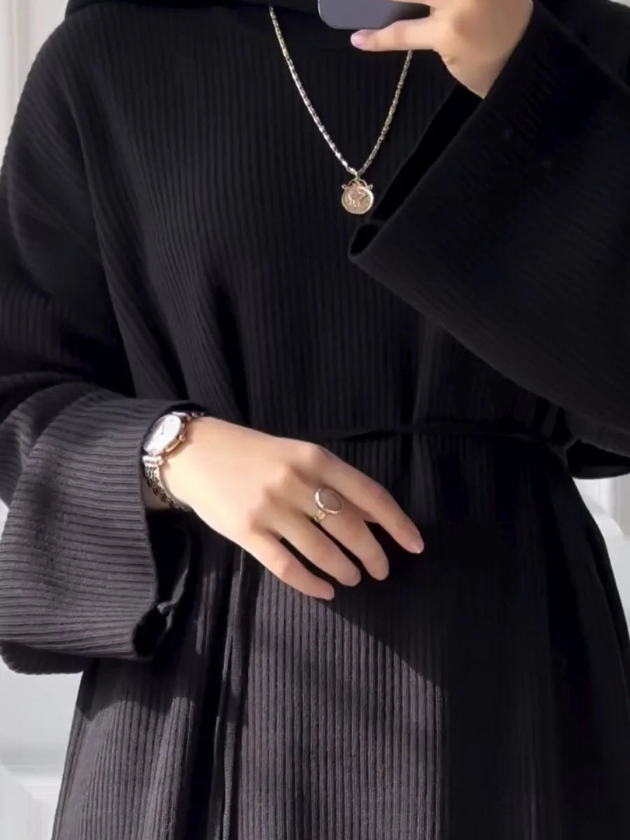 Siskakia Ramadan Morocco Solid Knitting Abayas Dubai Elegant Casual Dress Loose Stylish Women Clothes