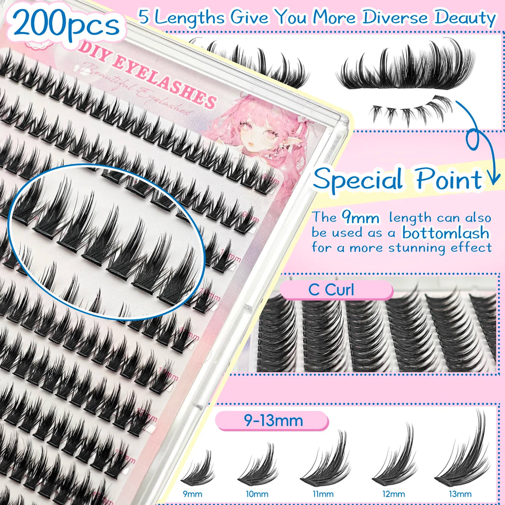 10 rows of 200 clusters of self-adhesive false eyelashes, makeup eyelashes, extending soft eyelashes, 9-13mm（MIX)