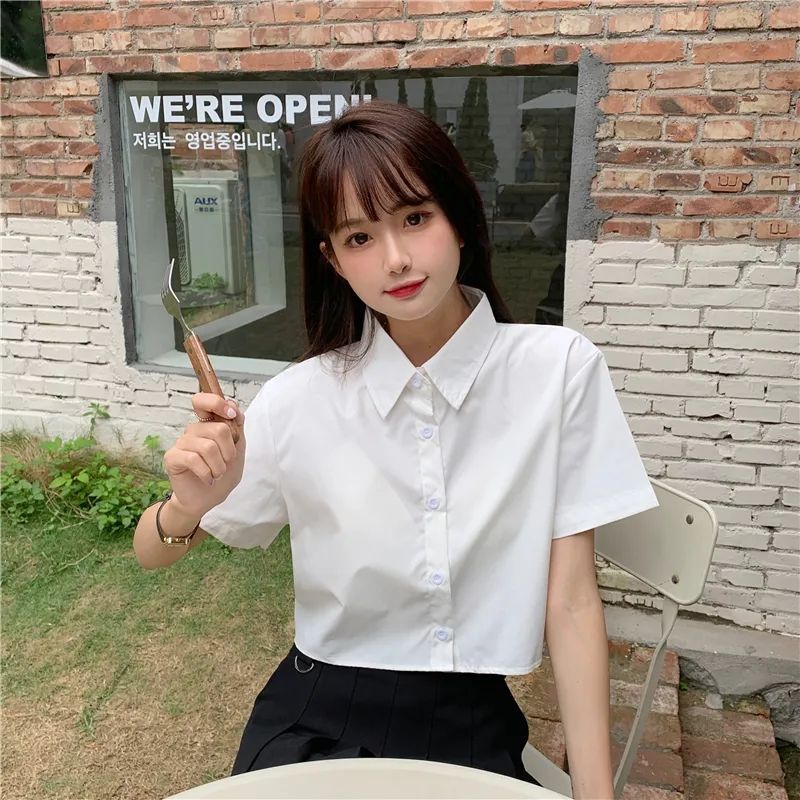 Oversize Cropped White Shirt Women Summer Short Sleeve Polo Neck Button Down Basic Short Sleeve Shirts Korean Female Blouses