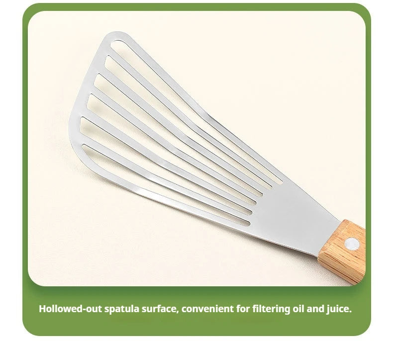 1PC Stainless Steel Fish Frying Shovel with Wooden Handle Fan-shaped Shovel Household High-temperature Frying Shovel