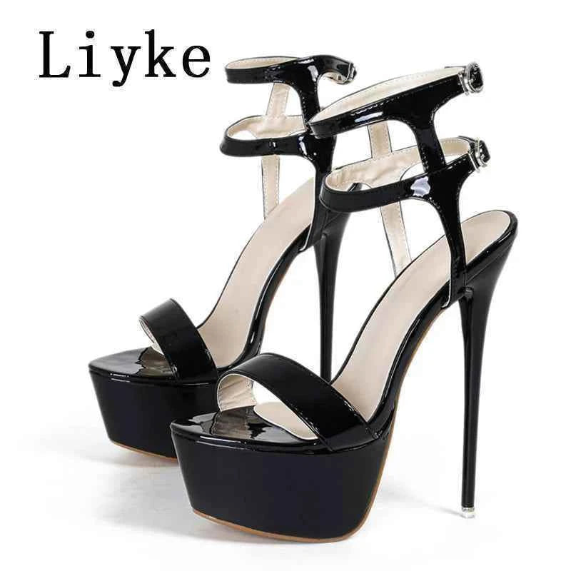 Liyke Sexy Red High Heels Platform Sandals For Women Fashion Double Buckle Strap Open Toe Wedding Banquet Shoes Big Size 45 46