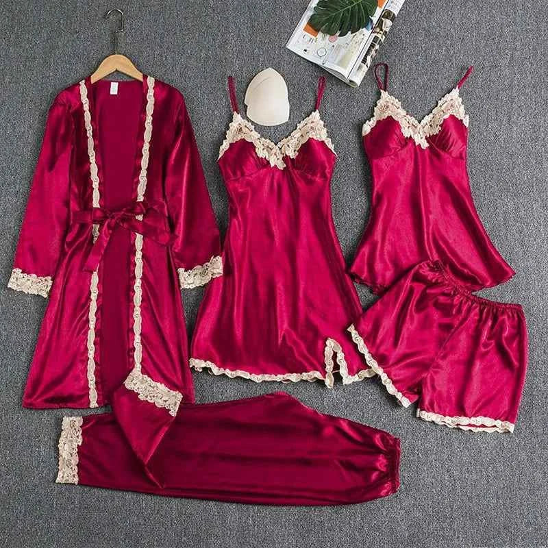2025New Luxury Satin Pajama Set 5 Pcs Women's Silky Sleepwear Lace Trim Robe Nightgown Cami Shorts Pants Elegant Loungewear Hot