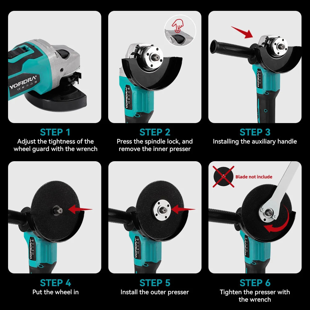 YOFIDRA 4 Gears Brushless Angle Grinder 125mm Cordless Cutting Polishing Cutting Machine Power Tool For Makita Battery Pin