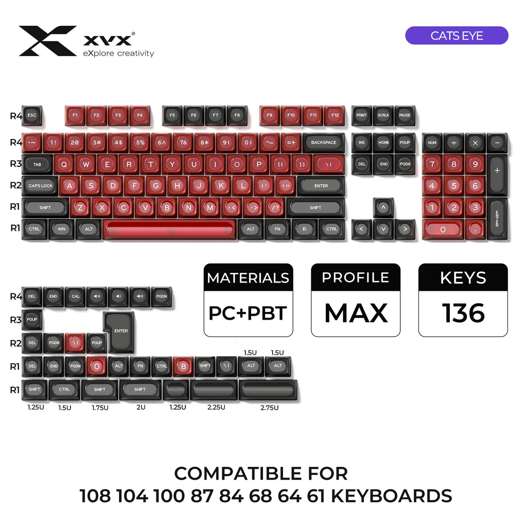 XVX White Shine Through Cats eye MAX Profile Dye-Sub PBT Keycap Set 136-Key