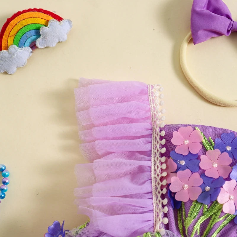 Baby Girl Princess Romper Dress Cute Summer Ruffle Sleeveless 3D Flower Tulle Tutu Rompers with Headband 2Pieces Infants Outfits