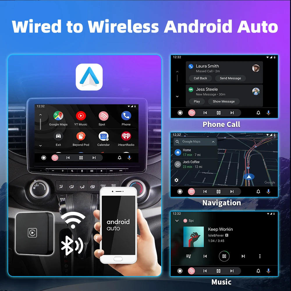 EKIY A2 Wired to Wireless Android Auto Adapter For Wired Android Auto Cars Smart Ai Box Bluetooth WiFi Spotify Auto Connect Map