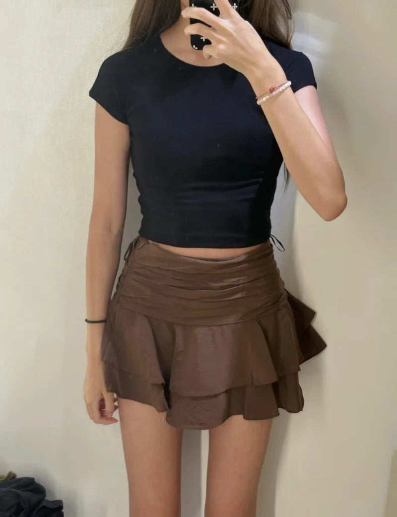 ETJ 2025  women's summer new sexy fashion hot girl style flouncy stacked decoration mid-waist short skirt pants