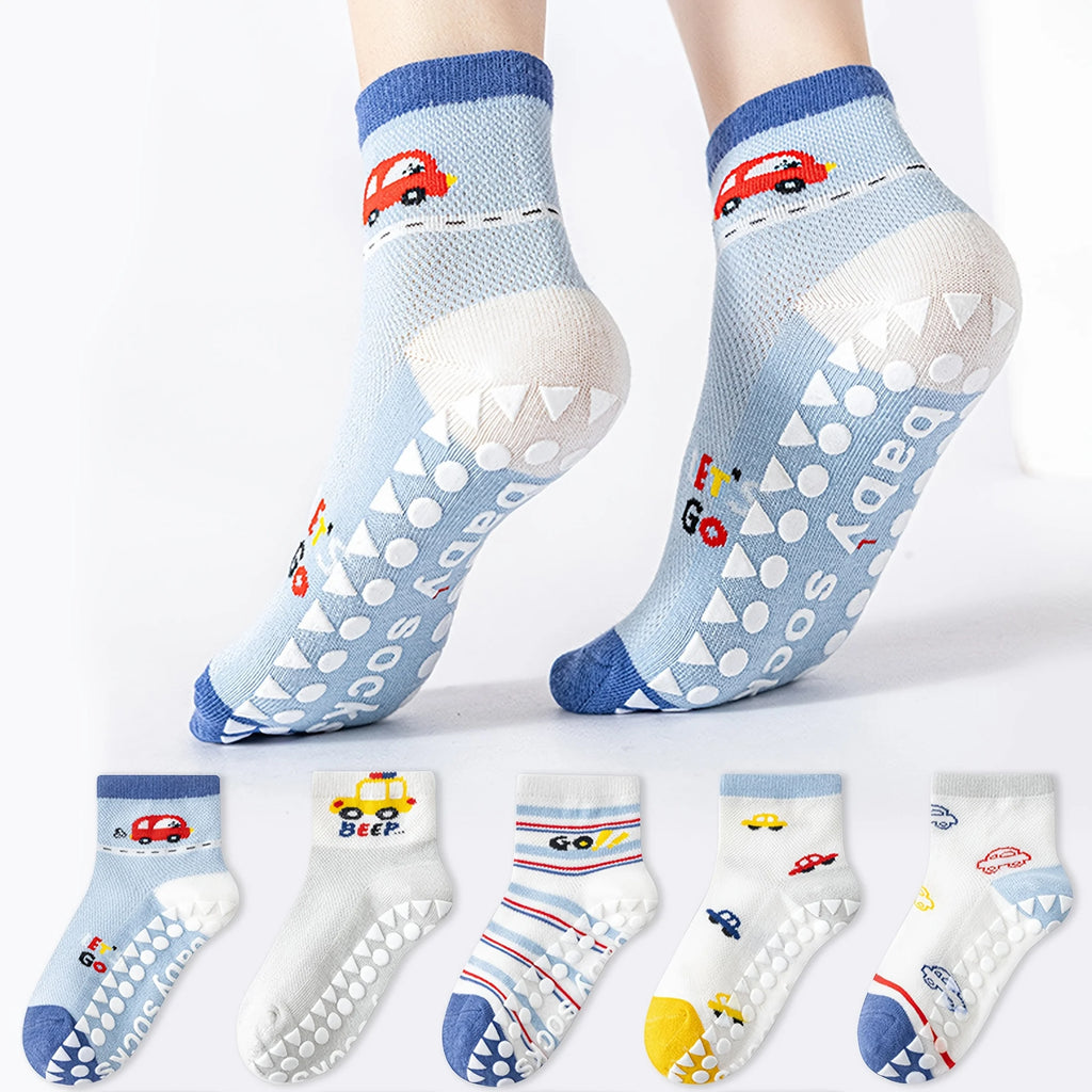 5-Pack Children's Floor Socks with Letter Stripes, Car Patterns, Cartoon Designs, Boys' Baby Walking Socks, Mesh Breathable Soft-Soled Indoor Non-Slip Blue Mid-Tube Socks, Suitable for Casual Daily Life