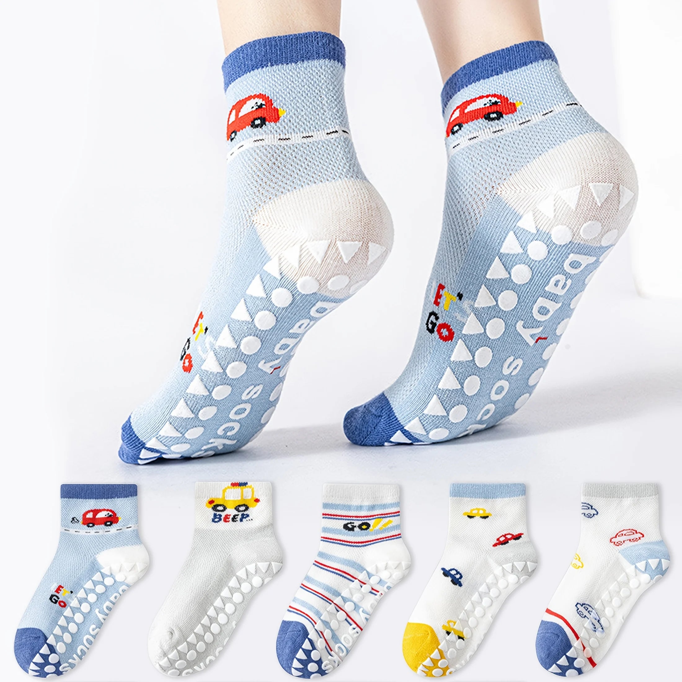 5-Pack Children's Floor Socks with Letter Stripes, Car Patterns, Cartoon Designs, Boys' Baby Walking Socks, Mesh Breathable Soft-Soled Indoor Non-Slip Blue Mid-Tube Socks, Suitable for Casual Daily Life