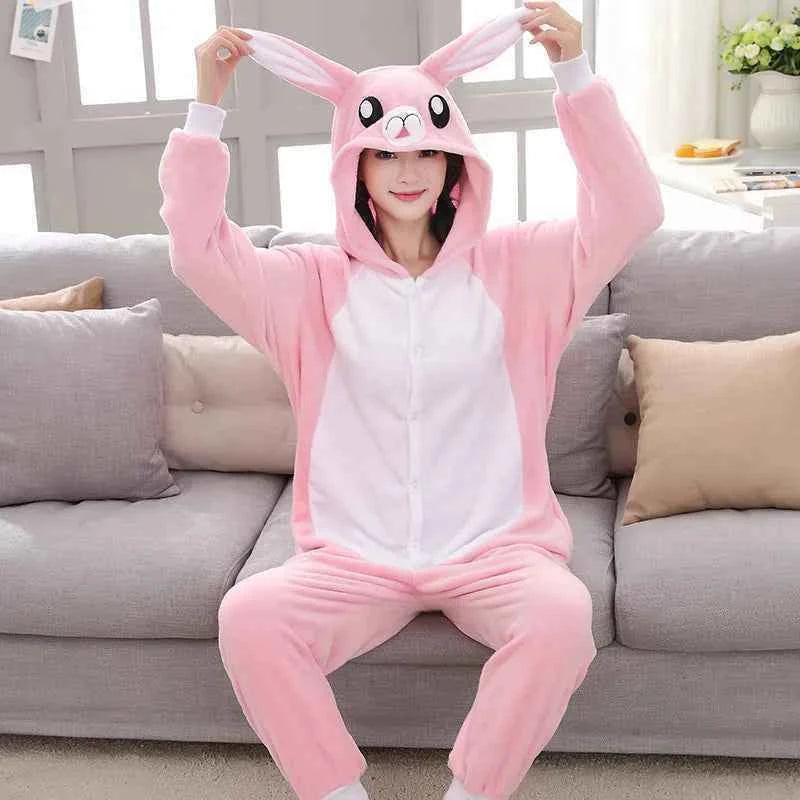 Adults Animal Onesies Unicorn Pajamas Couple Sleepwear Women Men Winter Unisex Kigurumi Costumes Cartoon Flannel Rabbit Pajamas