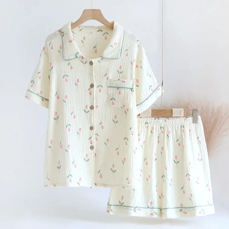2024 New Summer Autumn Women Pajamas 100% Cotton Gauze Cherry Print Sleepwear Female 2 Piece Set Nightwear Pyjamas Loungewear