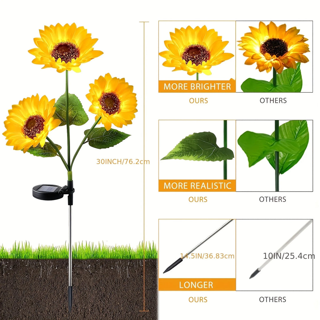 3-Head LED Solar Garden Lights Sunflower Lights Solar Outdoor Lawn Lights Garden Landscape for Porch Landscape Yard Decorations