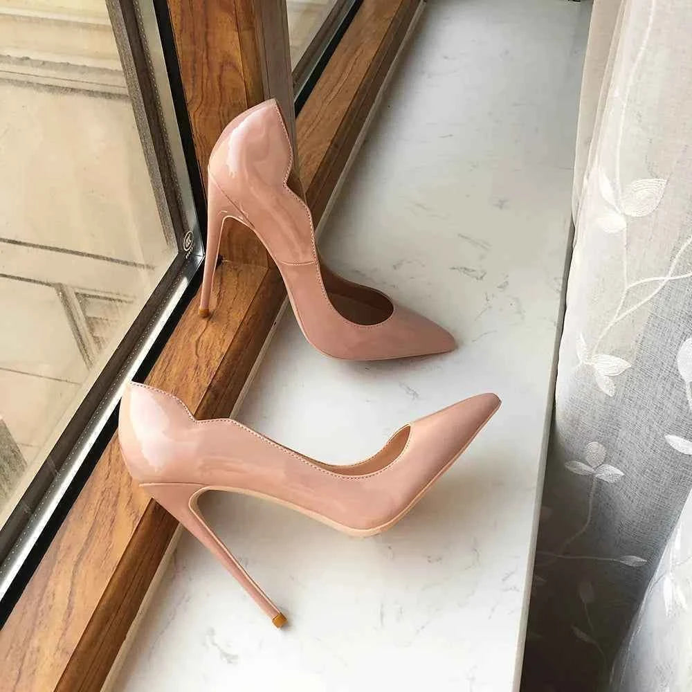 Tikicup Solid Nude Patent Women Pointy Toe Stiletto High Heels Slip On OL Wedding Party Dress Shoes Elegant Ladies Formal Pumps