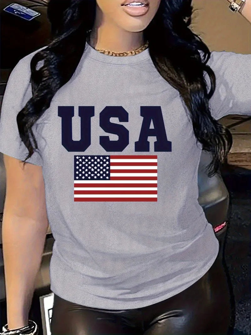 Women'S Patriotic USA Letter Print T-Shirt  Casual Crew Neck Short Sleeve Perfect for Spring  Fall Everyday Tshirt Graphic Tee